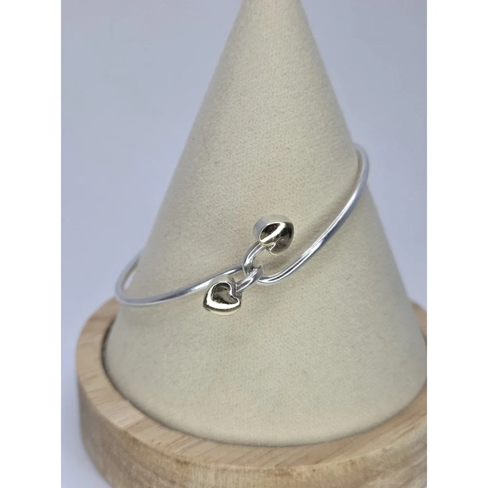Tiffany &Co 18K Gold Double Hearts w/ Silver Bangle Love Hook Bracelet Love Gift